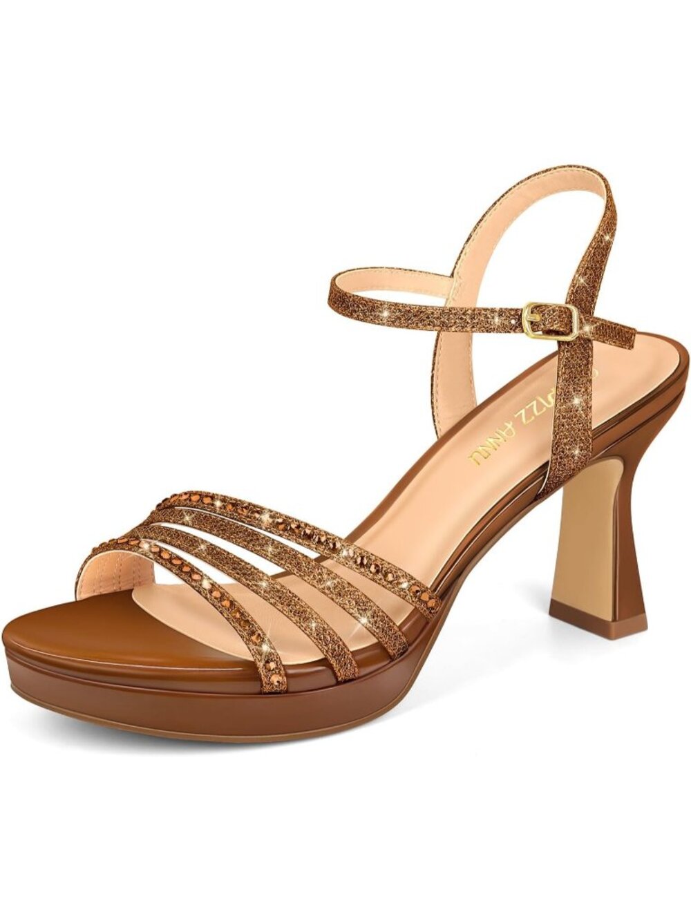 Women's Brown Platform Heels High Block Chunky Sparkly Rhinestone Open Toe